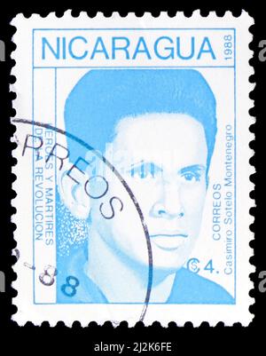 MOSCOW, RUSSIA - MARCH 13, 2022: Postage stamp printed in Nicaragua shows Casimiro Sotelo Montenegro, Heroes of the Revolution serie, circa 1988 Stock Photo