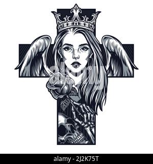 Cross shape concept of chicano girl wearing crown and earrings with angel wings skull and skeleton hand holding rose in vintage style isolated vector Stock Vector