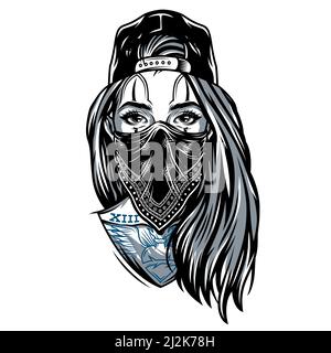 Vintage gangster girl in baseball cap with bandana on her face and chicano style tattoos isolated vector illustration Stock Vector