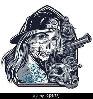 Vintage chicano girl with tattoos in baseball cap and scary mask rose flowers cat skull gun isolated vector illustration Stock Vector