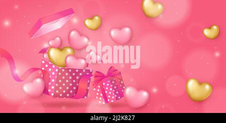 Cute pink golden love heart dot pattern gift box with ribbon flower Stock Photo