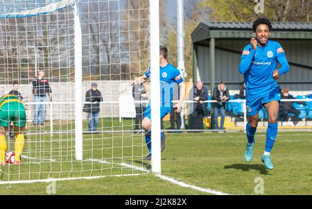 Warrington, Cheshire, UK. 02nd Apr, 2022. UK:: Warrington Rylands FC hosted Runcorn Linnets FC at Gorsey Lane for a top-of-the-table clash. Warrington at present are top of the league and Runcorn are trying to remain in the Play-Offs. Rylands won the match by two goals to nil Credit: John Hopkins/Alamy Live News Stock Photo