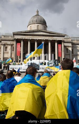 London, UK. 2 April 2022. People have gathered in Trafalgar Square to show solidarity with Ukraine and to call for an end of the war. Credit: Kiki Streitberger/Alamy Live News Stock Photo