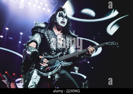 ITALY, BOLOGNA, UNIPOL ARENA 2017: Gene Simmons, bassist and singer of the American rock band “KISS”, performing live on stage for the “World Tour” European leg Stock Photo