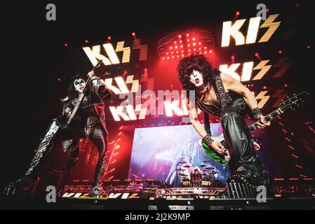 ITALY, BOLOGNA, UNIPOL ARENA 2017: Gene Simmons and Paul Stanley, of the American rock band “KISS”, performing live on stage for the “World Tour” European leg Stock Photo