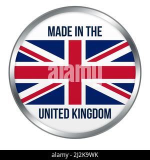 Made In The United Kingdom round campaign button with the Union Jack flag - Illustration Stock Photo