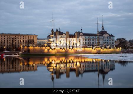 St. Petersburg, Russia - April, 2022: Cruiser Aurora moored in St. Petersburg. Former battleship now a ship museum Stock Photo