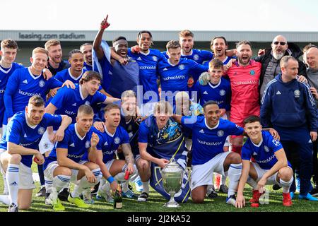 The players of Macclesfield FC celebrate lifting the North West Counties Football League Premier Division trophy Stock Photo