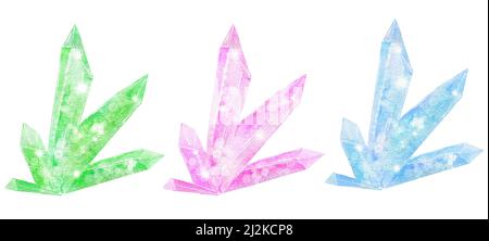 Watercolor illustration of shiny crystals, shimmering gemstones in pastel colors green pink purple blue. Elements for jewelry amethyst zircon magic mystic design, glitter background, witch witchcraft concept Stock Photo