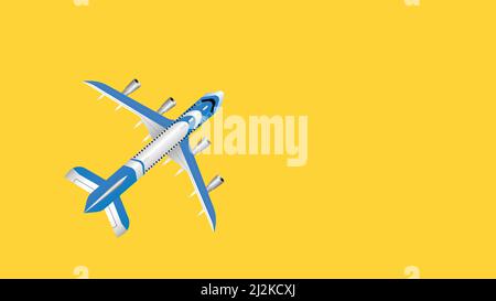 Airplane on a yellow background. Airliner top view, flat lay. Vector. Passenger plane flying in the sky plane Stock Vector