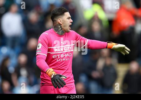 Burnley, UK. 02nd Apr, 2022. Manchester City Goalkeeper Ederson shouts instructions. Premier League match, Burnley v Manchester City at Turf Moor in Burnley, Lancs on Saturday 2nd April 2022. this image may only be used for Editorial purposes. Editorial use only, license required for commercial use. No use in betting, games or a single club/league/player publications. pic by Chris Stading/Andrew Orchard sports photography/Alamy Live news Credit: Andrew Orchard sports photography/Alamy Live News