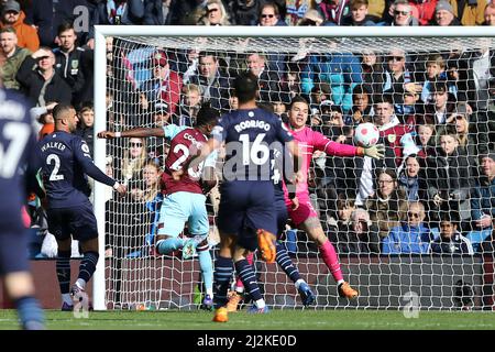 Burnley, UK. 02nd Apr, 2022. Maxwel Cornet of Burnley (20) heads towards the goal but sees his effort cleared off the line. Premier League match, Burnley v Manchester City at Turf Moor in Burnley, Lancs on Saturday 2nd April 2022. this image may only be used for Editorial purposes. Editorial use only, license required for commercial use. No use in betting, games or a single club/league/player publications. pic by Chris Stading/Andrew Orchard sports photography/Alamy Live news Credit: Andrew Orchard sports photography/Alamy Live News Stock Photo