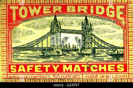 London's Tower Bridge as it appeared on a box of Tower Bridge brand Safety Matches, Each box contained around 50 matches for lighting fires, cigarettes etc. They were made in Belgium. The dangers of white phosphorus  match making led to the development of the 'hygienic' or 'safety match' in the 19th century using a red phosphorus striking surface on the box, rather than  the head of the match being the lighting  method. the collection of match related items is known as Phillumeny or phillumenism. Stock Photo