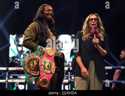 Claressa Shields (left) poses with her belts at the Utilita Arena, Newcastle. Picture date: Saturday April 2, 2022. Stock Photo