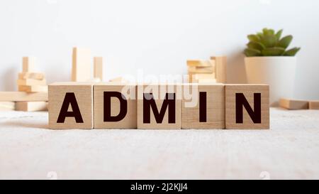 Admin login sign made of wood on a table. Stock Photo