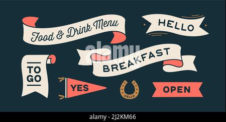 Vintage graphic set. Ribbon, flag, arrow, board with text Breakfast, Open, Yes, To Go, Hello, Menu. Set of ribbon banner and retro graphic. Isolated vintage old school set shapes. Vector Illustration Stock Vector