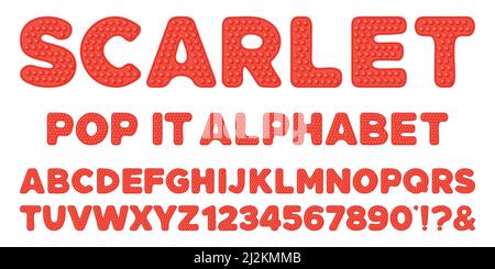 Scarlet red popit alphabet and numbers set in fidget toy style. Pop it font design as a trendy silicone toy for fidget in bright color. Bubble sensory Stock Vector