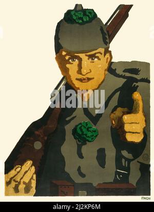 An early 20th century German advertising poster from World War One, 1914-1918, shows a soldier with rifle on shoulder pointing at viewer.  The original text said 'I'm going to the Front. Have you subscribed to the 6th War Loan yet?' The artist was Magda Lene. Stock Photo