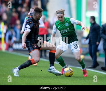 Edinburgh, UK. 02nd Apr, 2022. cinch Premiership - Hibernian FC v Dundee United FC 2/4/2022. Hibernian play host to Dundee Utd in the cinch Premiership at Easter Road Stadium, Edinburgh, Midlothian, UK. Pic shows: Dundee Utd defender, Ryan Edwards, tackles HibsÕ Norwegian striker, Elias Melkersen. Credit: Ian Jacobs/Alamy Live News Stock Photo