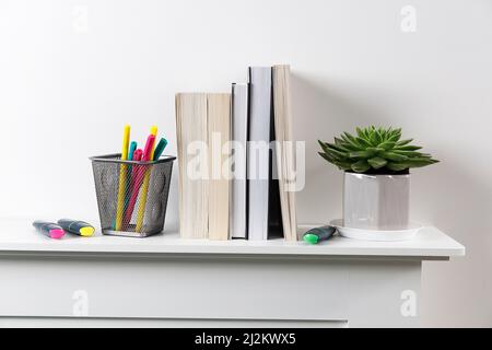 Echeveria in geometric pot, stack of books, pens in a pencil holder, felt-tip pens, are on shelf. Place for text Stock Photo