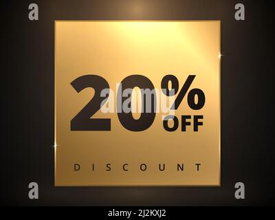 20 off discount banner. Special offer sale 20 percent off. Sale discount offer. Luxury promotion banner twenty percent discount in golden square Stock Vector