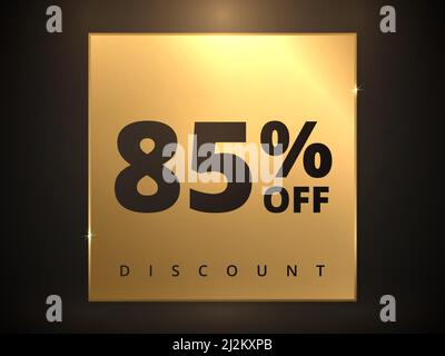 85 off discount banner. Special offer sale 85 percent off. Sale discount offer. Luxury promotion banner eighty five percent discount in golden square Stock Vector