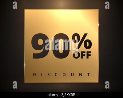 90 off discount banner. Special offer sale 90 percent off. Sale discount offer. Luxury promotion banner ninety percent discount in golden square Stock Vector