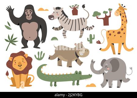 African animals collection, cute safari mammals set, wild giraffe and lion, dancing zebra and jumping elephant, funny friendly zoo character with Stock Vector