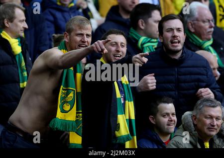 Brighton and Hove, UK. 2nd Apr, 2022. Norwich City fans during the Premier League match at the AMEX Stadium, Brighton and Hove. Picture credit should read: Paul Terry/Sportimage Credit: Sportimage/Alamy Live News Stock Photo