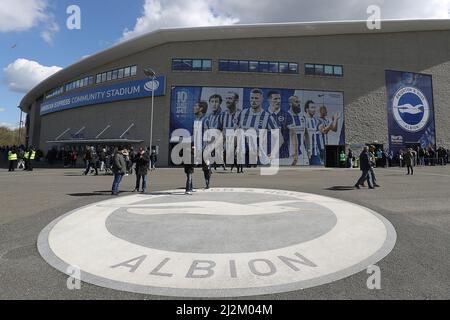 Brighton and Hove, UK. 2nd Apr, 2022. A general view of the stadium during the Premier League match at the AMEX Stadium, Brighton and Hove. Picture credit should read: Paul Terry/Sportimage Credit: Sportimage/Alamy Live News Stock Photo