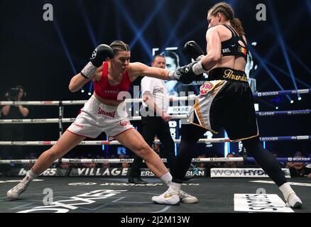 Savannah Marshall (left) and Femke Hermans in the World Boxing Organisation World Female Middle Title at the Utilita Arena, Newcastle. Picture date: Saturday April 2, 2022. Stock Photo