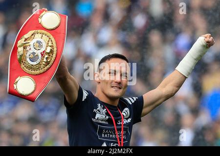 Leeds, UK. 02nd Apr, 2022. Josh Warrington walks out onto the field at Elland Road displaying his IBF featherweight world champion belt ahead of this afternoon's game in Leeds, United Kingdom on 4/2/2022. (Photo by James Heaton/News Images/Sipa USA) Credit: Sipa USA/Alamy Live News Stock Photo