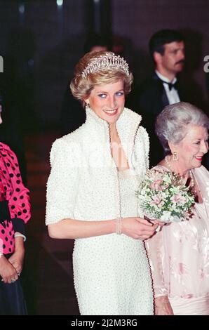 HRH The Princess of Wales, Princess Diana visit To Hong Kong as part of their Far East tour. Princess Diana wears a diamond coronet and pearls a studded gown and short jacket.  Diana is attending the opening of the new Hong Kong Cultural Centre.   Picture taken 8th November 1989 Stock Photo