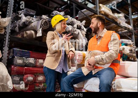 Warehouse workers talking about logistics and distribution. Colleagues in the warehouse having fun. Stock Photo