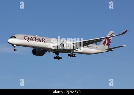 Qatar Airways Airbus A350-1000. Qatar Airways and Airbus remain in a legal dispute relating to issues with lightning protection and paint degradation Stock Photo