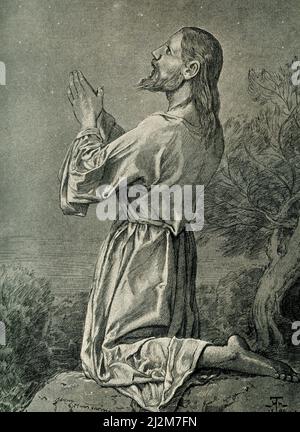 The German inscription for this 1899 image reads in English: “Christ in Gethsemane by Hans Thoma, after the original 1894.” The Agony in the Garden of Gethsemane was an episode in the life of Jesus—the name of the man who Christians believe was the son of God, and whose teachings are the basis of Christianity—which appears in the four canonical gospels, between the Farewell Discourse at the conclusion of the Last Supper and Jesus' arrest. Stock Photo
