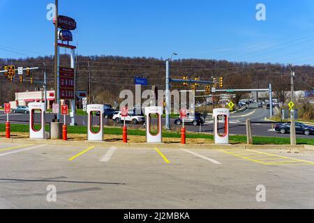 Ephrata, PA, USA - April 2, 2022: Multiple Tesla charger stations in Lancaster County, Pennsylvania. Stock Photo