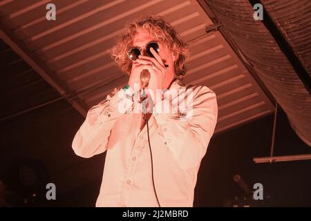 Nick Reynolds, aka Harpo Strangelove harmonica player, singer, UK's foremost creator of Death Masks and son of Great Train Robber Bruce Reynolds  with the British acid country band Alabama 3, known as A3 in the United States performing live on stage at the Engine Rooms Southampton. Stock Photo