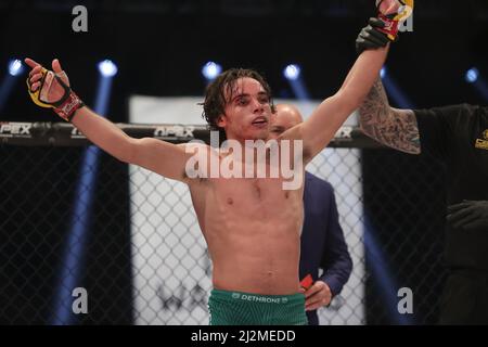 MANCHESTER, UK. APR 2ND Luke Riley celebrates defeating Jack Eglin during the Cage Warriors 136 event at the BEC Arena, Manchester on Saturday 2nd April 2022. (Credit: Pat Scaasi | MI News) Credit: MI News & Sport /Alamy Live News Stock Photo