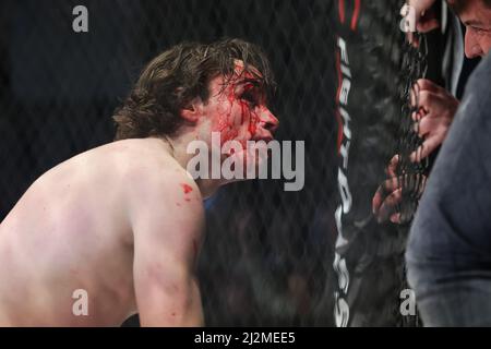 MANCHESTER, UK. APR 2ND Luke Riley wins in spite of an eye gash during the Cage Warriors 136 event at the BEC Arena, Manchester on Saturday 2nd April 2022. (Credit: Pat Scaasi | MI News) Credit: MI News & Sport /Alamy Live News Stock Photo