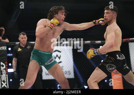 MANCHESTER, UK. APR 2ND Luke Riley punches Jack Eglin during the Cage Warriors 136 event at the BEC Arena, Manchester on Saturday 2nd April 2022. (Credit: Pat Scaasi | MI News) Credit: MI News & Sport /Alamy Live News Stock Photo