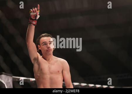 MANCHESTER, UK. APR 2ND Luke Riley enters the cage to fight Jack Eglin during the Cage Warriors 136 event at the BEC Arena, Manchester on Saturday 2nd April 2022. (Credit: Pat Scaasi | MI News) Credit: MI News & Sport /Alamy Live News Stock Photo