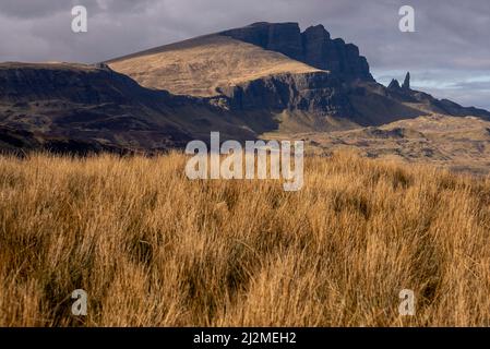 Portree, UK. 02nd Apr, 2022. Old Man of Storr, a 160-foot pinnacle rock formation atop Trotternish Ridge can be seen in the background in the northeastern region of the Isle of Skye April 2, 2022, just north of Portree, Scotland. The peninsula where the pinnacle resides was created as the result of a colossal landslide. Photo by Ken Cedeno/Sipa USA Credit: Sipa USA/Alamy Live News Stock Photo