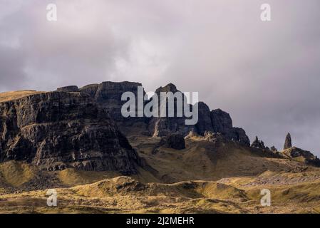 Portree, UK. 02nd Apr, 2022. Old Man of Storr, a 160-foot pinnacle rock formation atop Trotternish Ridge, far right, in the northeastern region of the Isle of Skye April 2, 2022, just north of Portree, Scotland. The peninsula where the pinnacle resides was created as the result of a colossal landslide. Photo by Ken Cedeno/Sipa USA Credit: Sipa USA/Alamy Live News Stock Photo