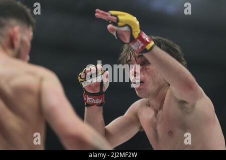 MANCHESTER, UK. APR 2ND Luke Riley fends off Jack Eglin during the Cage Warriors 136 event at the BEC Arena, Manchester on Saturday 2nd April 2022. (Credit: Pat Scaasi | MI News) Credit: MI News & Sport /Alamy Live News Stock Photo