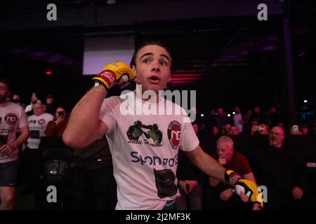 MANCHESTER, UK. APR 2ND Luke Riley enters the cage to fight Jack Eglin during the Cage Warriors 136 event at the BEC Arena, Manchester on Saturday 2nd April 2022. (Credit: Pat Scaasi | MI News) Credit: MI News & Sport /Alamy Live News Stock Photo