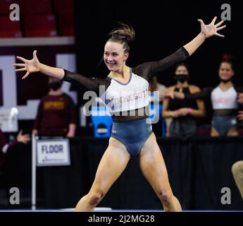 Norman, OK, USA. 2nd Apr, 2022. Minnesota's Lexy Ramler performs her floor routine during the Finals of the NCAA Women's Gymnastics Norman Regional at the Lloyd Noble Center in Norman, OK. Kyle Okita/CSM/Alamy Live News Stock Photo