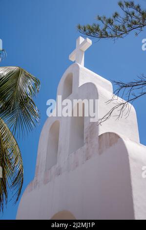 Steeple of the Capilla de Nta Señora del Carmen on 5th Avenue in Playa del Carmen. Stock Photo