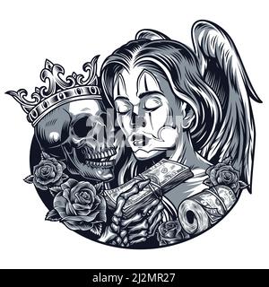 Vintage chicano tattoo template with beautiful girl angel wings skull in crown roses skeleton hand holding money pack isolated vector illustration Stock Vector