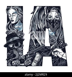 Vintage chicano tattoo concept in LA letters shape with pretty girls gangster skull angel wings dice diamond money snake skeleton hand holding gun and Stock Vector